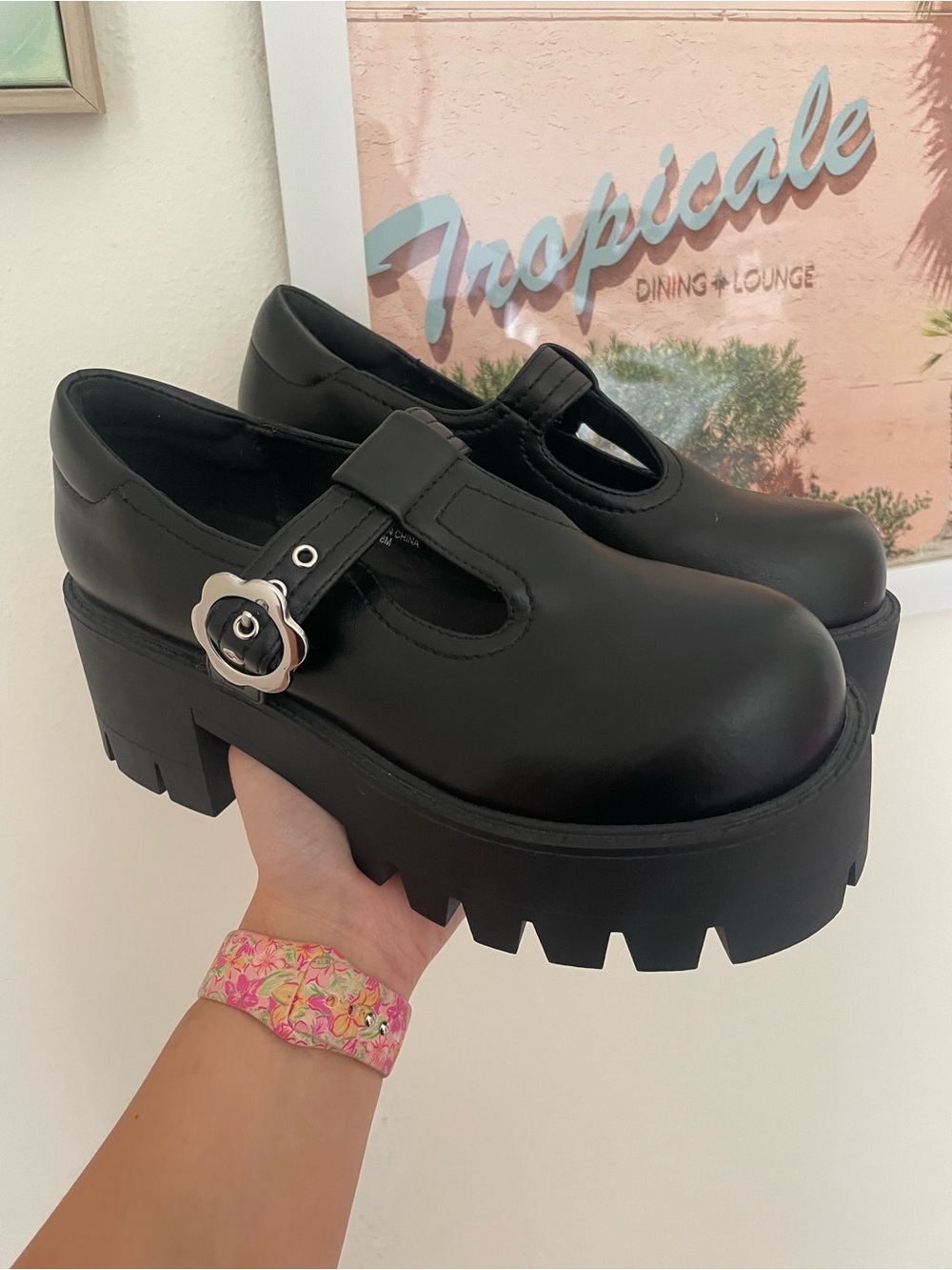 Current Mood Black Platform Mary Jane Shoes with Silver Flower Buckle